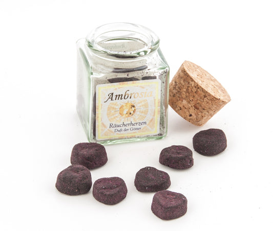 Ambrosia Herzen im Glas mit Korken - Duft der Götter - Räucherwerk - Räucherherzen - Ambrosia - Incense Hearts