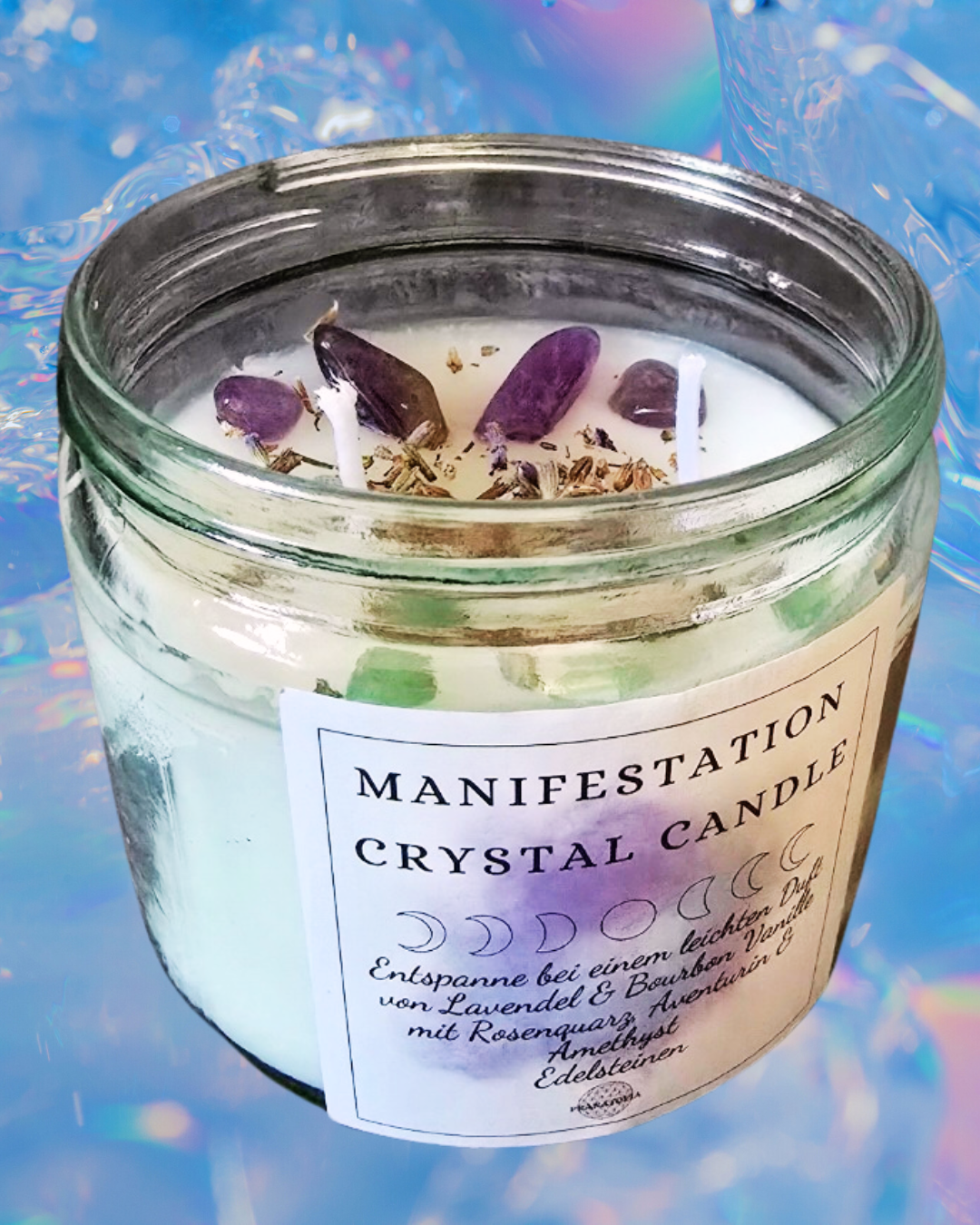 Große Manifestation Kerze im Glas aus Sojawachs mit Amethyst, Rosenquarz & Aventurin – Ritualkerze für Wünsche, Entspannung & positive Energie