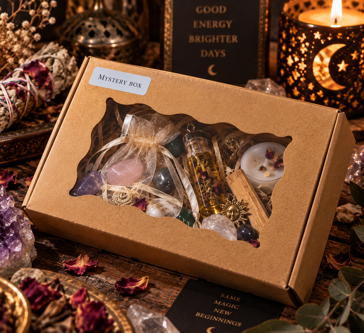 PRANATOPIA Mystery Box – spirituelle Überraschungsartikel mit Edelsteinen, Schmuck und Ritualzubehör