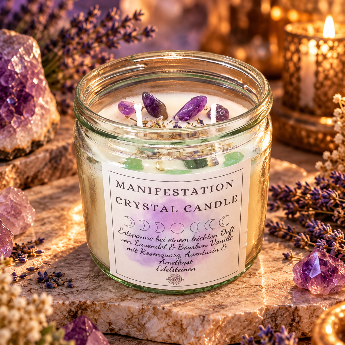 Große Manifestation Kerze im Glas aus Sojawachs mit Amethyst, Rosenquarz & Aventurin – Ritualkerze für Wünsche, Entspannung & positive Energie