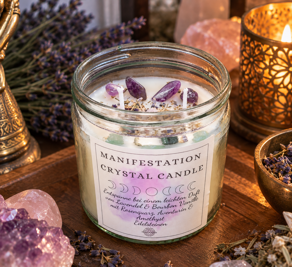 Große Manifestation Kerze im Glas aus Sojawachs mit Amethyst, Rosenquarz & Aventurin – Ritualkerze für Wünsche, Entspannung & positive Energie