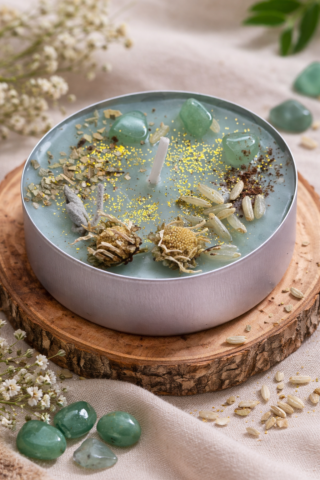 Geldflusskerze | Attract Money Edelstein Maxi-Teelicht | Geldritualkerze | Crystal Candle mit Aventurin, ätherischen Ölen und Kräutern | Money Ritual