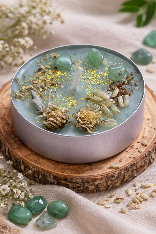 Geldflusskerze | Attract Money Edelstein Maxi-Teelicht | Geldritualkerze | Crystal Candle mit Aventurin, ätherischen Ölen und Kräutern | Money Ritual