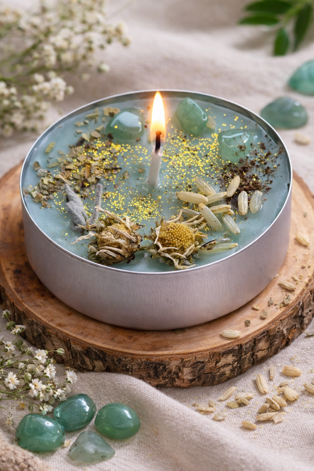 Geldflusskerze | Attract Money Edelstein Maxi-Teelicht | Geldritualkerze | Crystal Candle mit Aventurin, ätherischen Ölen und Kräutern | Money Ritual