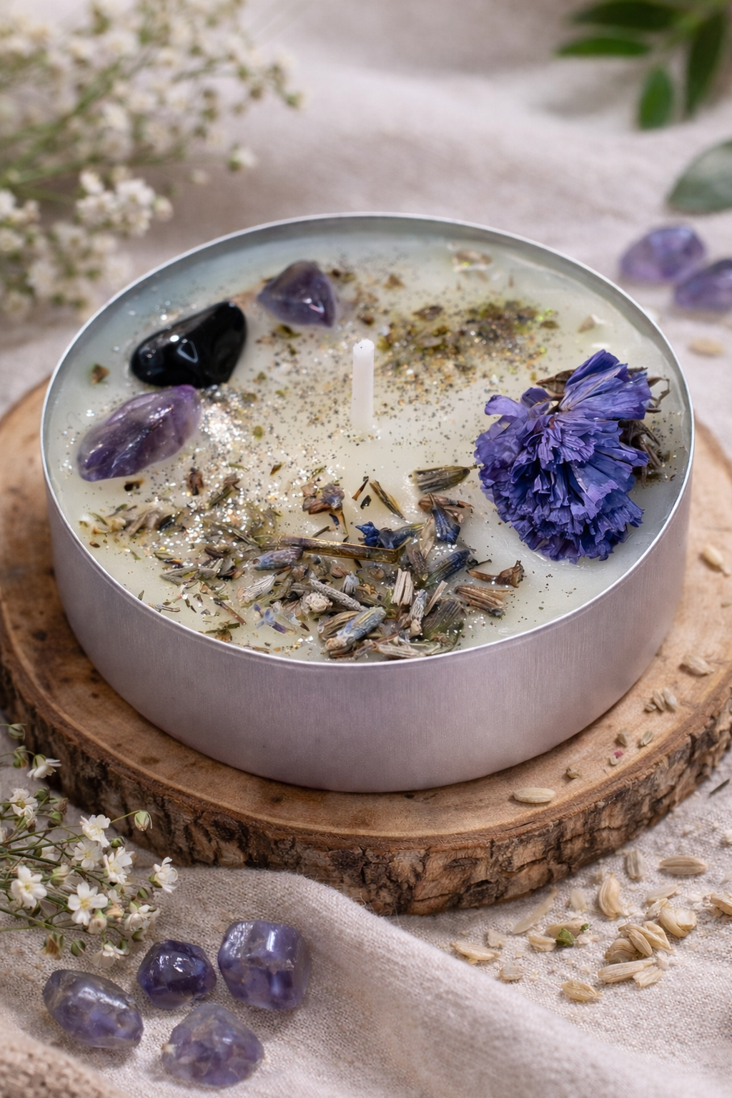 Manifestation Ritual Candle | Ritualverstärker | Maxi-Teelicht mit Kräutern, Blüten, Edelsteinen und ätherischen Ölen | Manifestiere Wunder