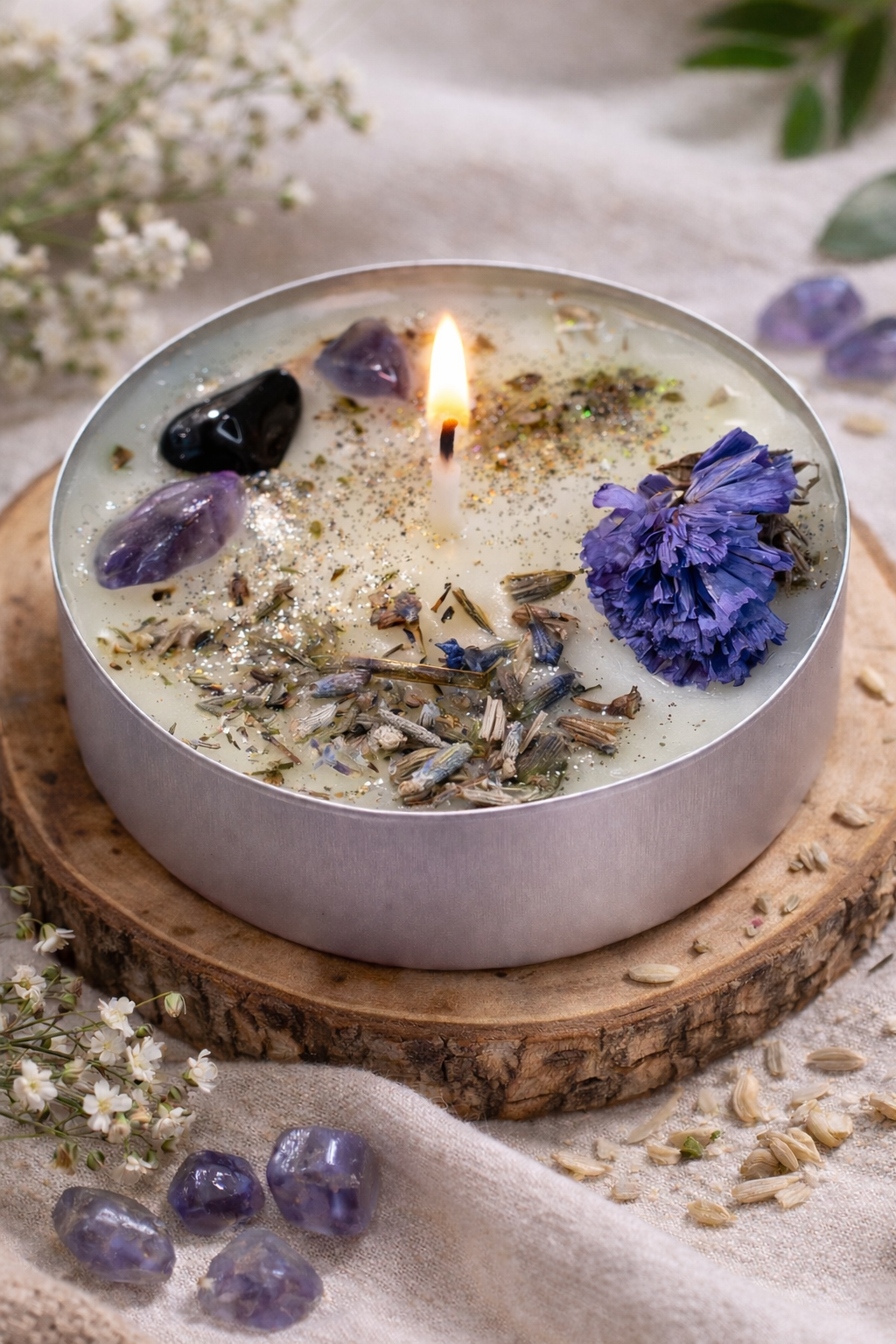 Manifestation Ritual Candle | Ritualverstärker | Maxi-Teelicht mit Kräutern, Blüten, Edelsteinen und ätherischen Ölen | Manifestiere Wunder