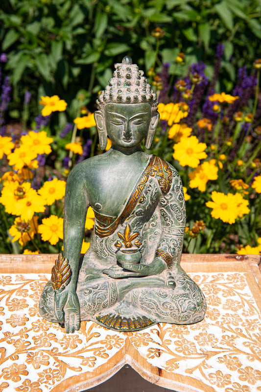 Medizin Buddha Messing, Sandstein grün mit Gold Finish