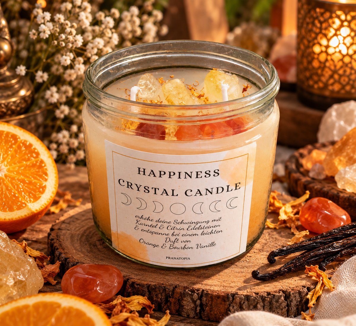 Happiness Crystal Candle – Sojawachs Ritualkerze mit Citrin & Karneol | Duft Orange & Bourbon Vanille | Manifestationskerze für Freude & Fülle