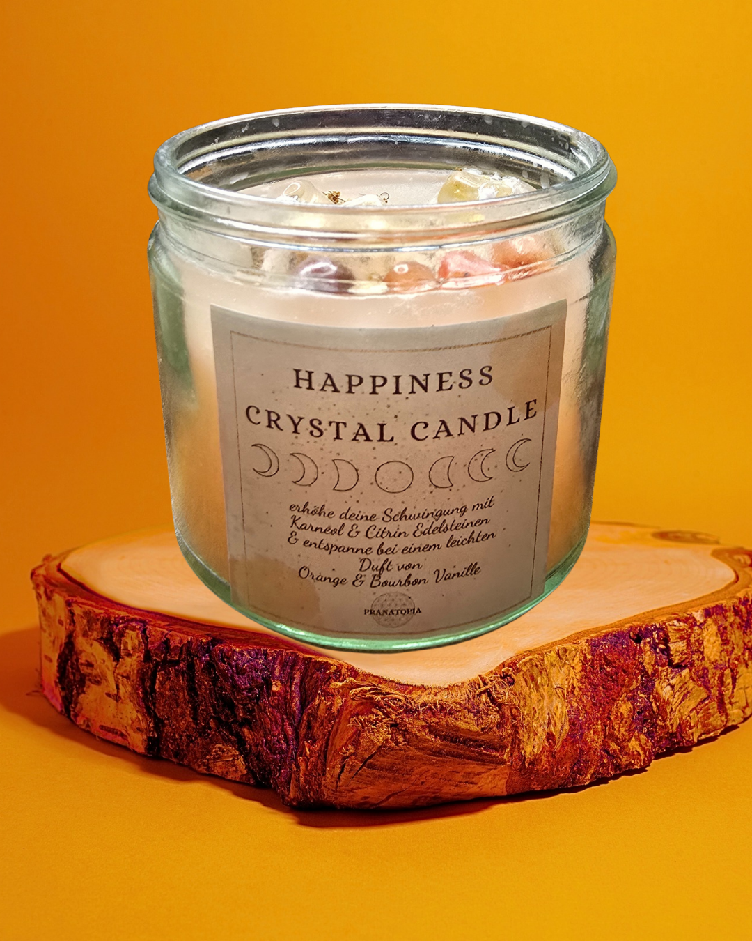 Happiness Crystal Candle – Sojawachs Ritualkerze mit Citrin & Karneol | Duft Orange & Bourbon Vanille | Manifestationskerze für Freude & Fülle