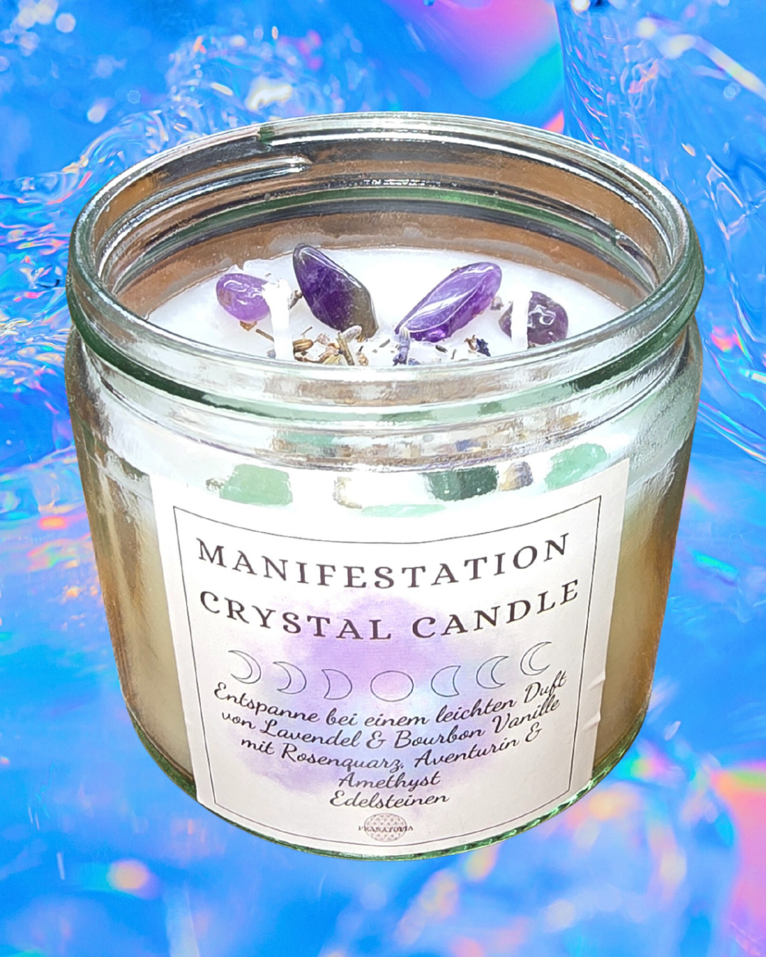 Große Manifestation Kerze im Glas aus Sojawachs mit Amethyst, Rosenquarz & Aventurin – Ritualkerze für Wünsche, Entspannung & positive Energie
