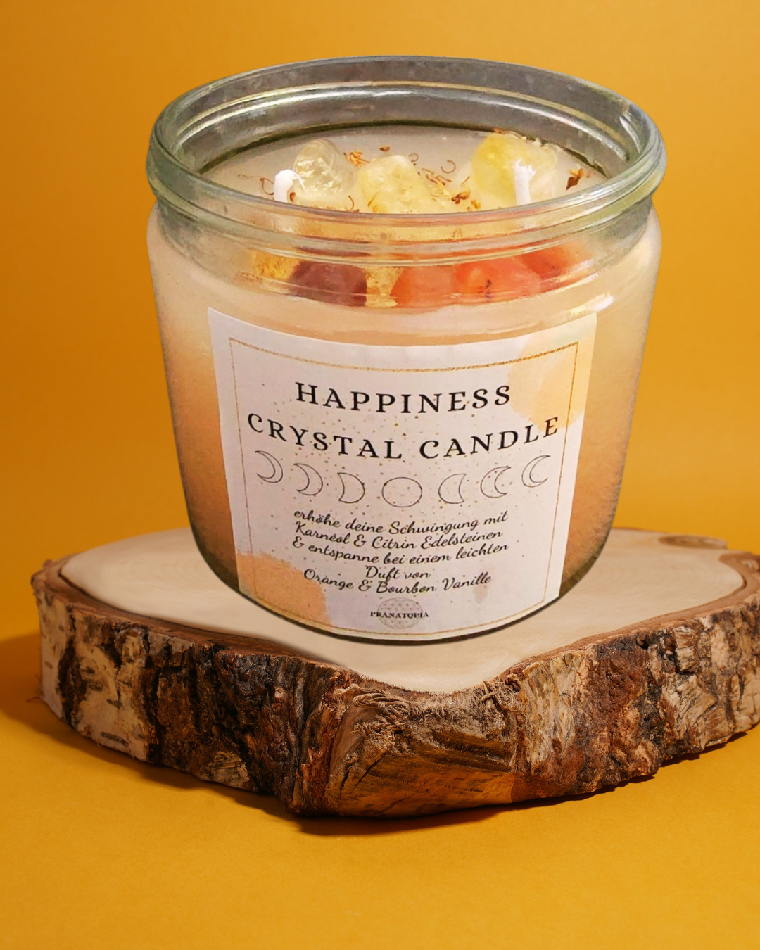 Happiness Crystal Candle – Sojawachs Ritualkerze mit Citrin & Karneol | Duft Orange & Bourbon Vanille | Manifestationskerze für Freude & Fülle
